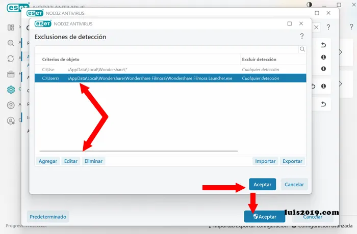 Como eliminar o editar exclusión de ESET en detección de análisis
