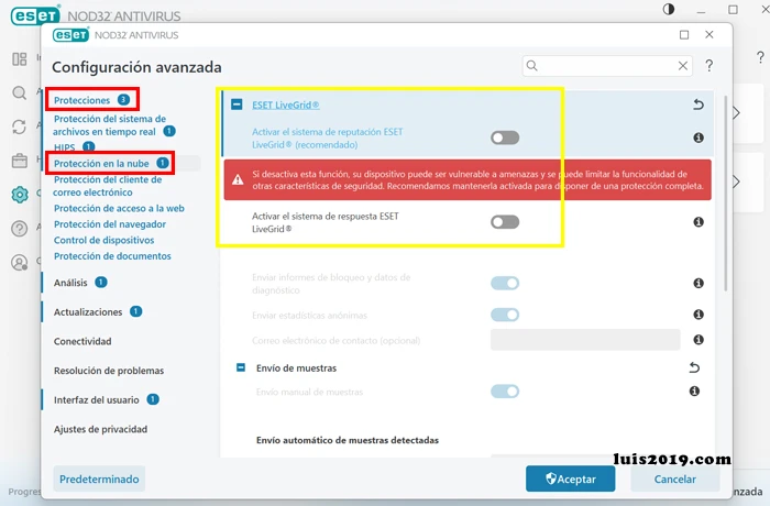 Desactivar Eset Livegrid las 2 opciones