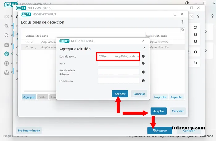 ESET Excluir escoger programa o archivo y aceptar para guardar