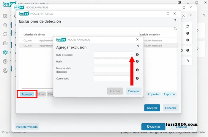 Excluir programa ruta de acceso elegir carpeta o archivo