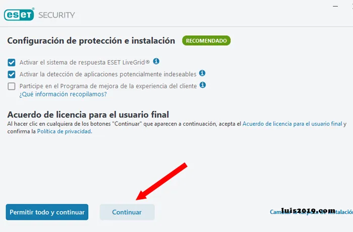 Instalar ESET NOD32 Paso 2 Seleccionar opciones y continuar