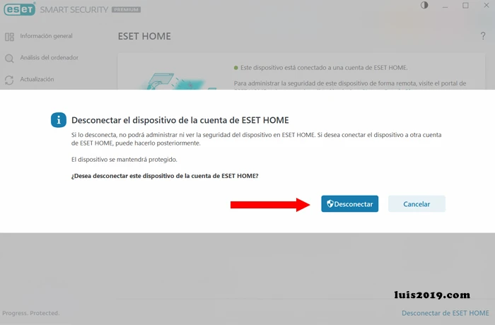 Panel Principal del antivirus confirmar desconectar