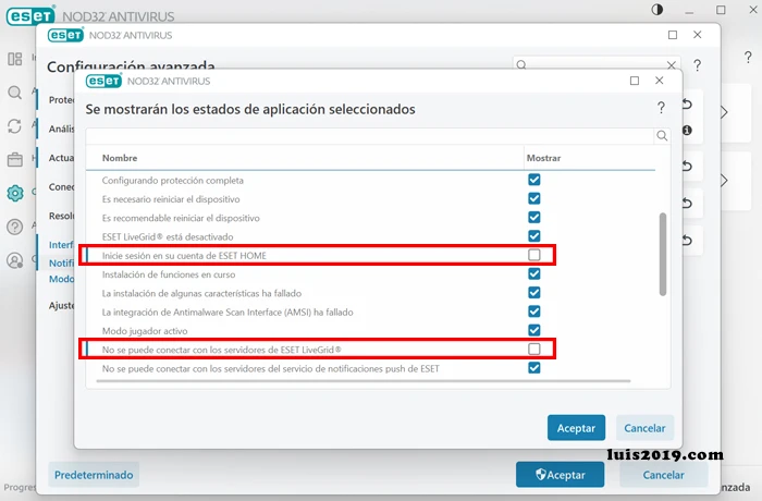 Desactivar alertas de Eset Livegrid desmarcar las 2 opciones