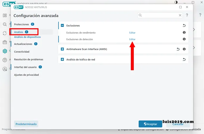 ESET módulo de exclusión de detección en análisis
