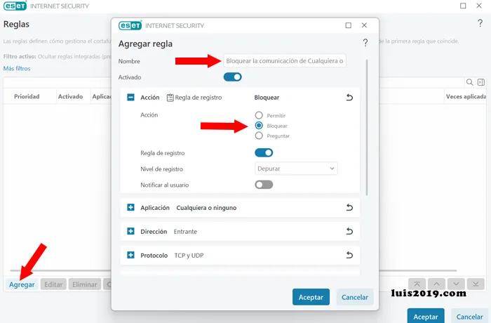 Crear una Nueva Regla de bloqueo en ESET