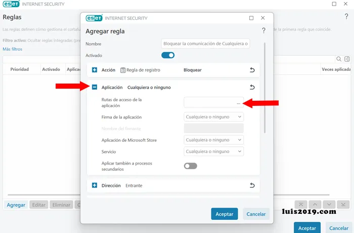 Seleccionar la Aplicación a bloquear por ESET