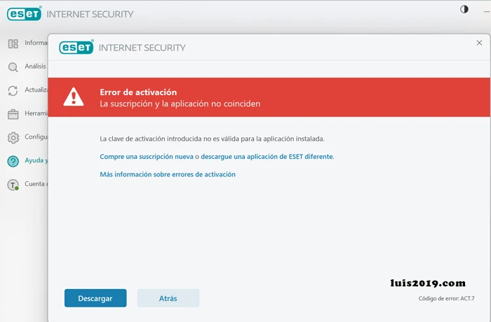 Error act.7 de ESET La Suscripción y la Aplicación No Coinciden